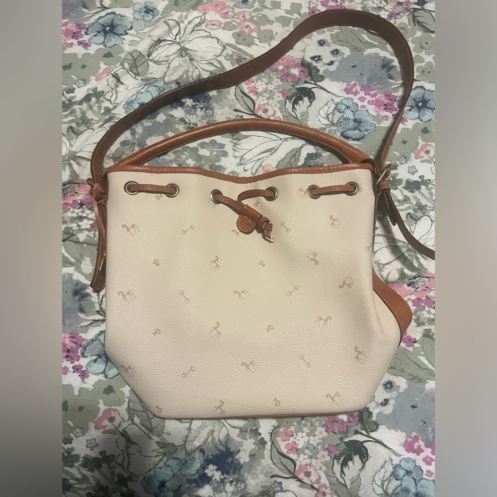Women’s Cream Drawstring Bucket Bag with Brown Trim